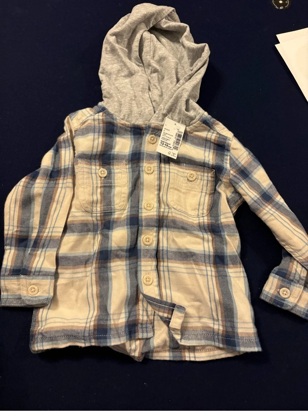 Toddler Plaid Hooded Button-Up Shirt Jacket - Cream & Blue NWT